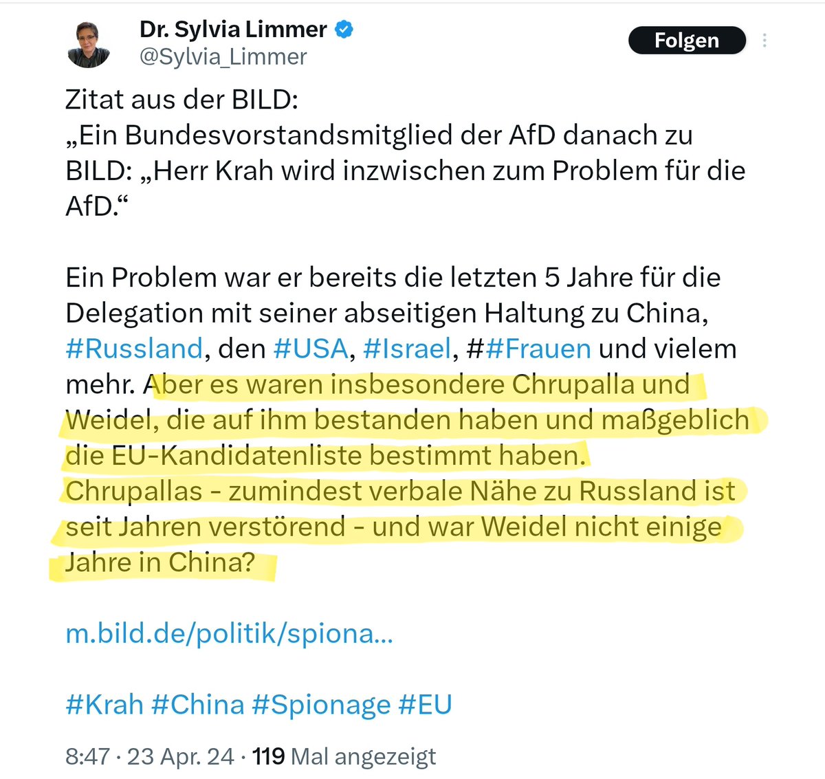 @Anwalt_Jun Hierzu möchte eventuell Frau #Limmer, #AfD und MdEP, etwas sagen, was eventuell @GBA_b_BGH interessieren könnte, auch zu #Chrupalla und #Weidel? Von Dezember 2019 bis Juni 2022 war sie Beisitzerin im AfD-Bundesvorstand... twitter.com/Sylvia_Limmer/…