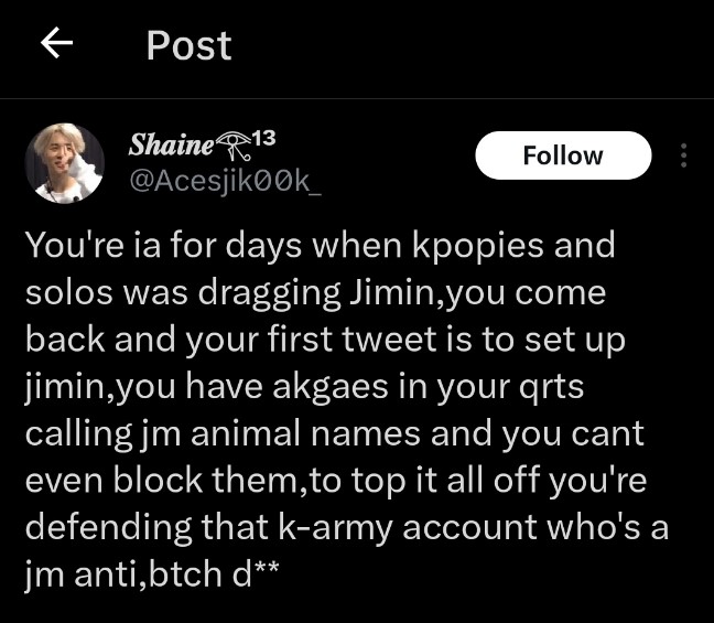 BLOCK AND REPORT🚨 Shaine always hid under the Bermuda Triangle whenever people dragged 🐰 and has never been vocal about the hate he gets from 🐥 akgaes Now she is openly siding with 🐰 antis and harassing innocent 🐰biased people for defending him. 📌x.com/Acesjik00k_