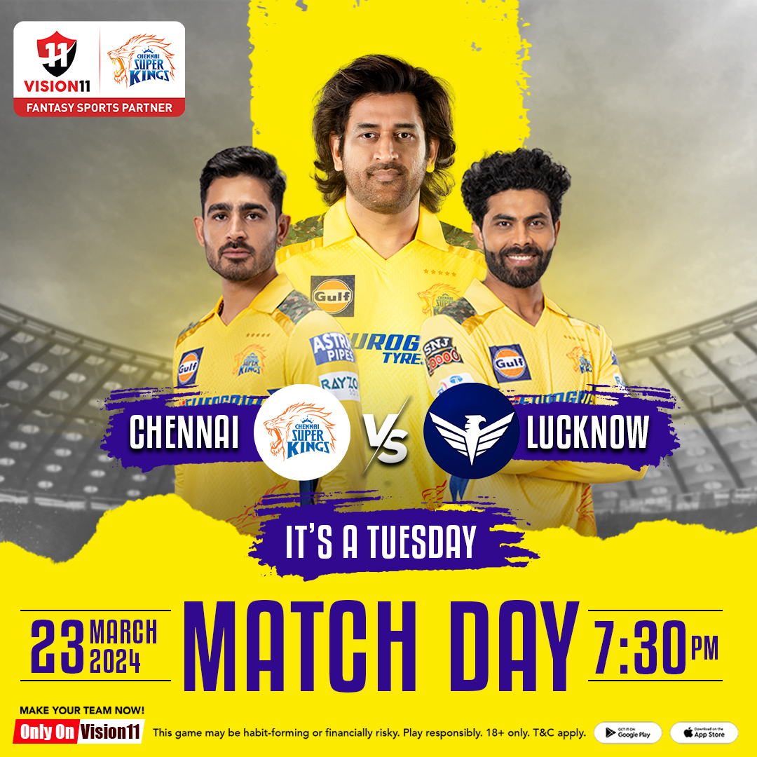 Cricket lovers!📢
Are you ready to witness another spectacular showdown?💛💛 
Join today's exciting match-up between Chennai Super Kings and LSG with Vision11, your ultimate fantasy cricket-winning partner!💰🏏
.
.
.
#Vision11 #CSK #ChennaiSuperKings #TeamBanao #SapnoKaVision…