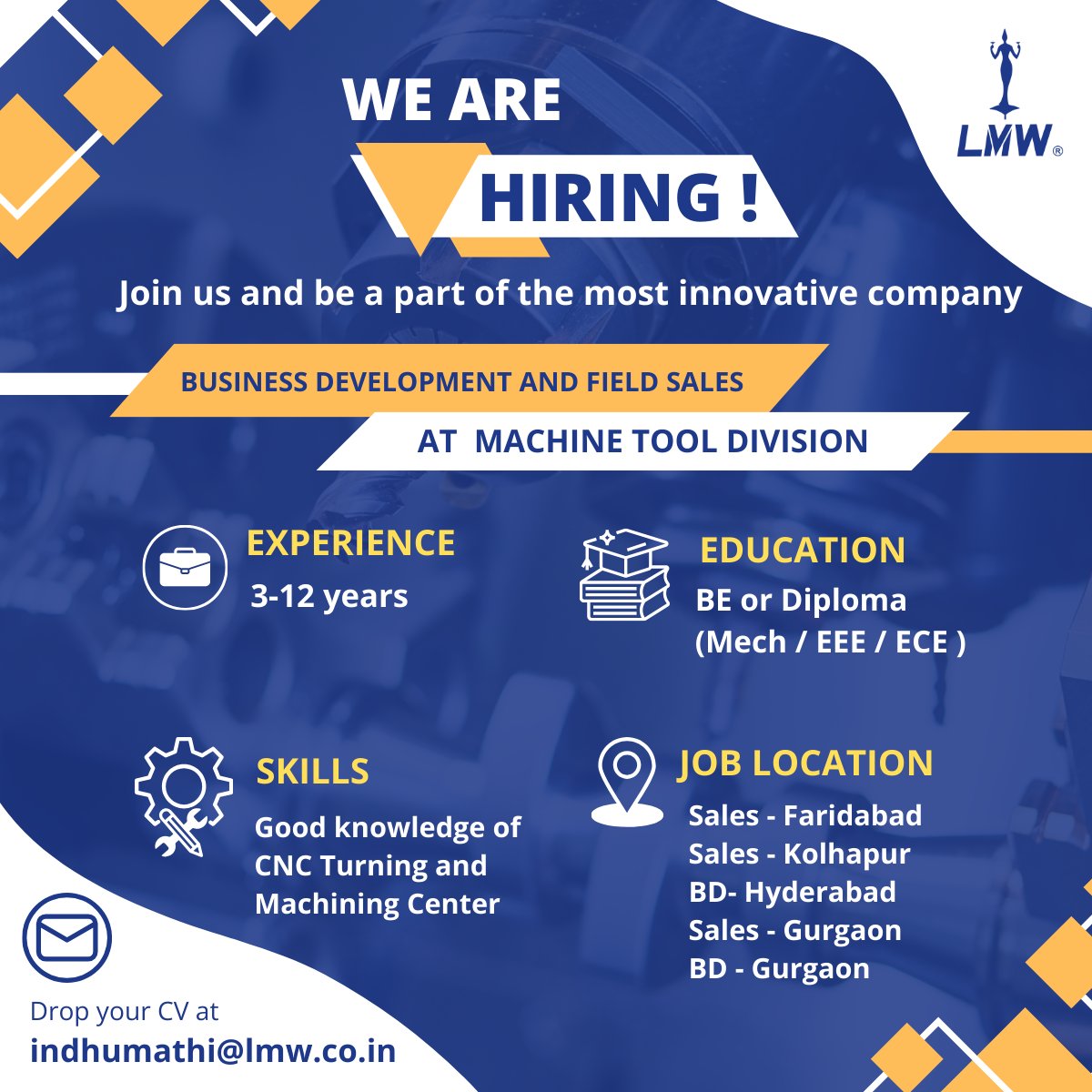 Join LMW's Machine Tool Division as a Business Development & Field Sales

Be part of an innovative team and help drive growth.

Send your profile to indhumathi@lmw.co.in

#hiringnow #hiring2024 #jobalert #cncjobs #LMW #LMWCNC #cncmachinist #cncmachine #businessdevelopment