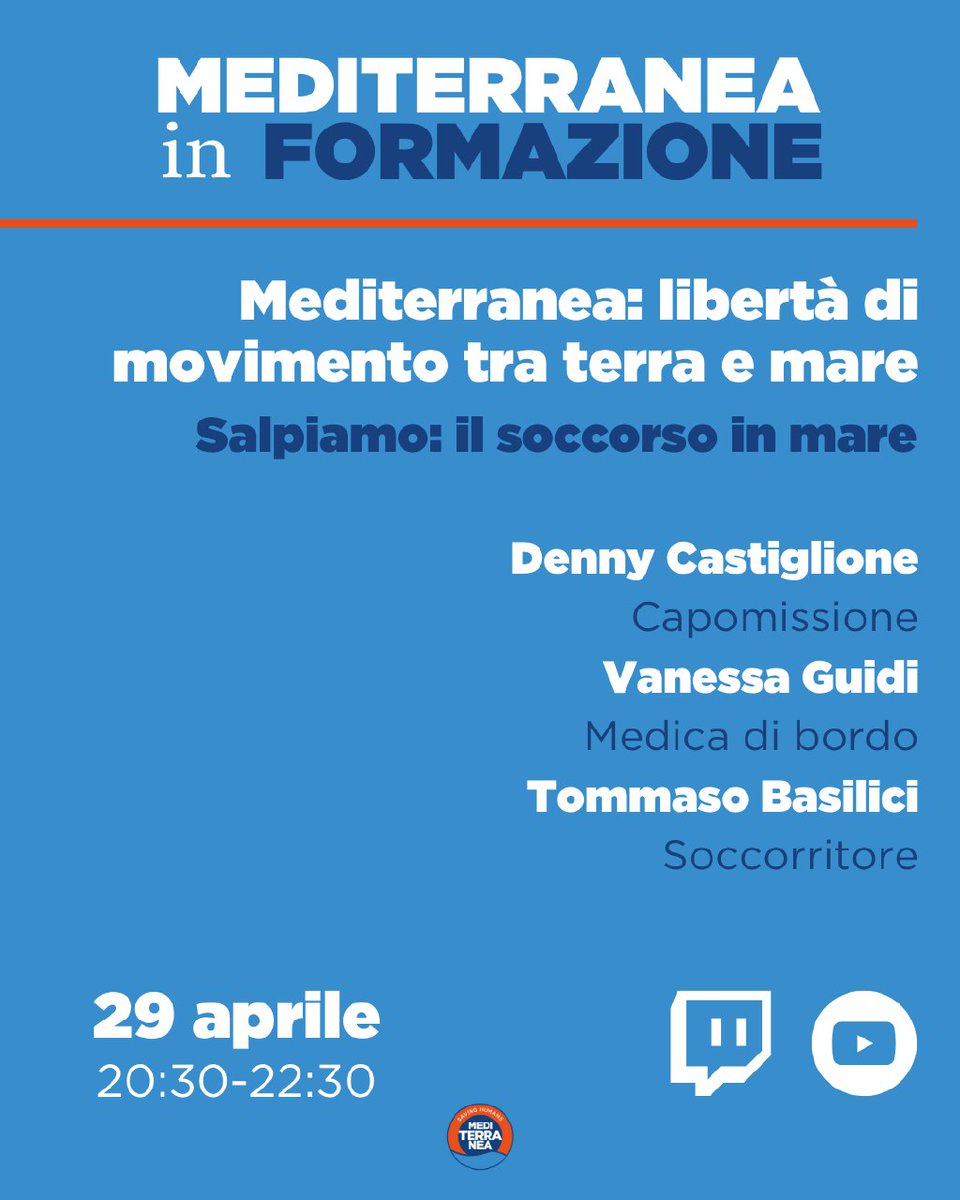 Prosegue il ciclo di workshop dal titolo 'Mediterranea: libertà di movimento tra terra e mare'. 📌 Salpiamo: il soccorso in mare 📆 Lunedì 29 aprile ⌚️ 20.30 In diretta su #Facebook, #Youtube e #Twitch 👇 youtube.com/watch?v=99VrWF…