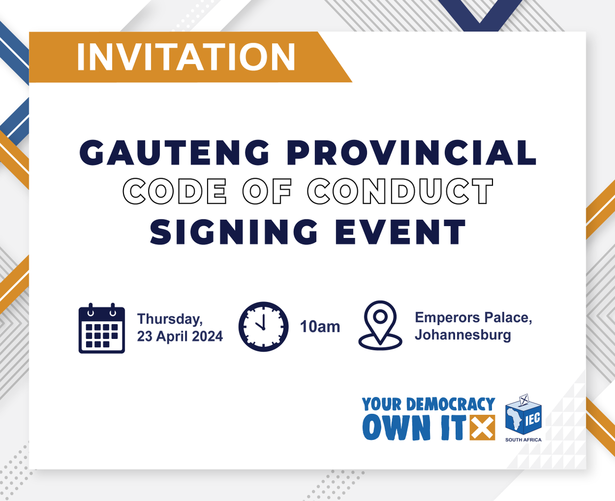 REMINDER I The IEC Gauteng Provincial Office is hosting the signing of the Electoral Code of Conduct for parties and independent candidates contesting #SAelections24. 📅Tuesday, 23 April ⏰10:00 AM Catch the live stream on Facebook, YouTube, and X @IECSouthAfrica.