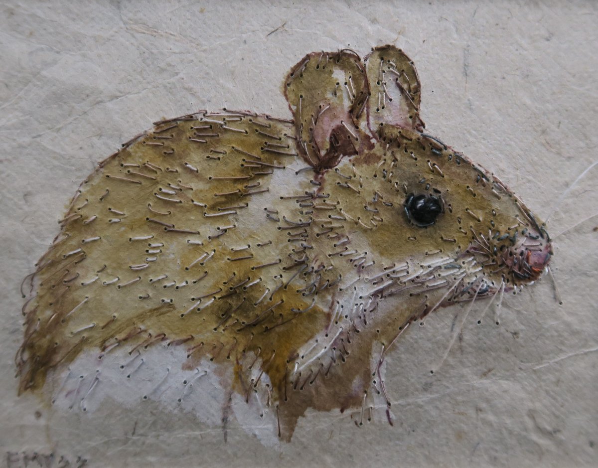 Mouse wildlife mixed media artwork - watercolour painting and hand stitching on paper. Set in a mount. etsy.com/uk/listing/132… #EarlyBiz #MHHSBD