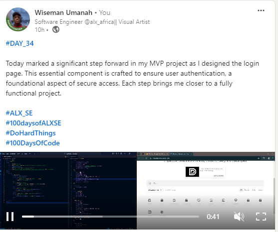 0xwisemanumanah's tweet photo. #Day_34
Progress on my MVP: Designed the user authentication login page today! 🚀✨ Every step counts.
I couldn't post here due to network issues, but it's on linkedIn yesterday. and of cause I will post what I have done today
#ALX_SE #100daysofALXSE #DoHardThings #100DaysOfCode https://t.co/s0AvGkeeBC
