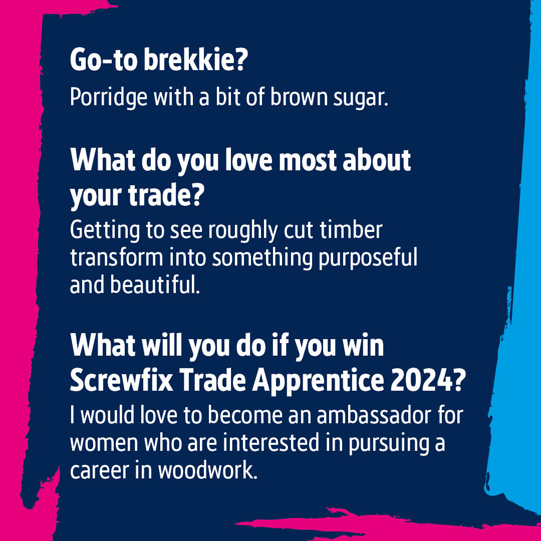 Meet our Screwfix Trade Apprentice 2024 Finalist! Alice is a carpentry and joinery apprentice from Devizes #sfta #sfta2024