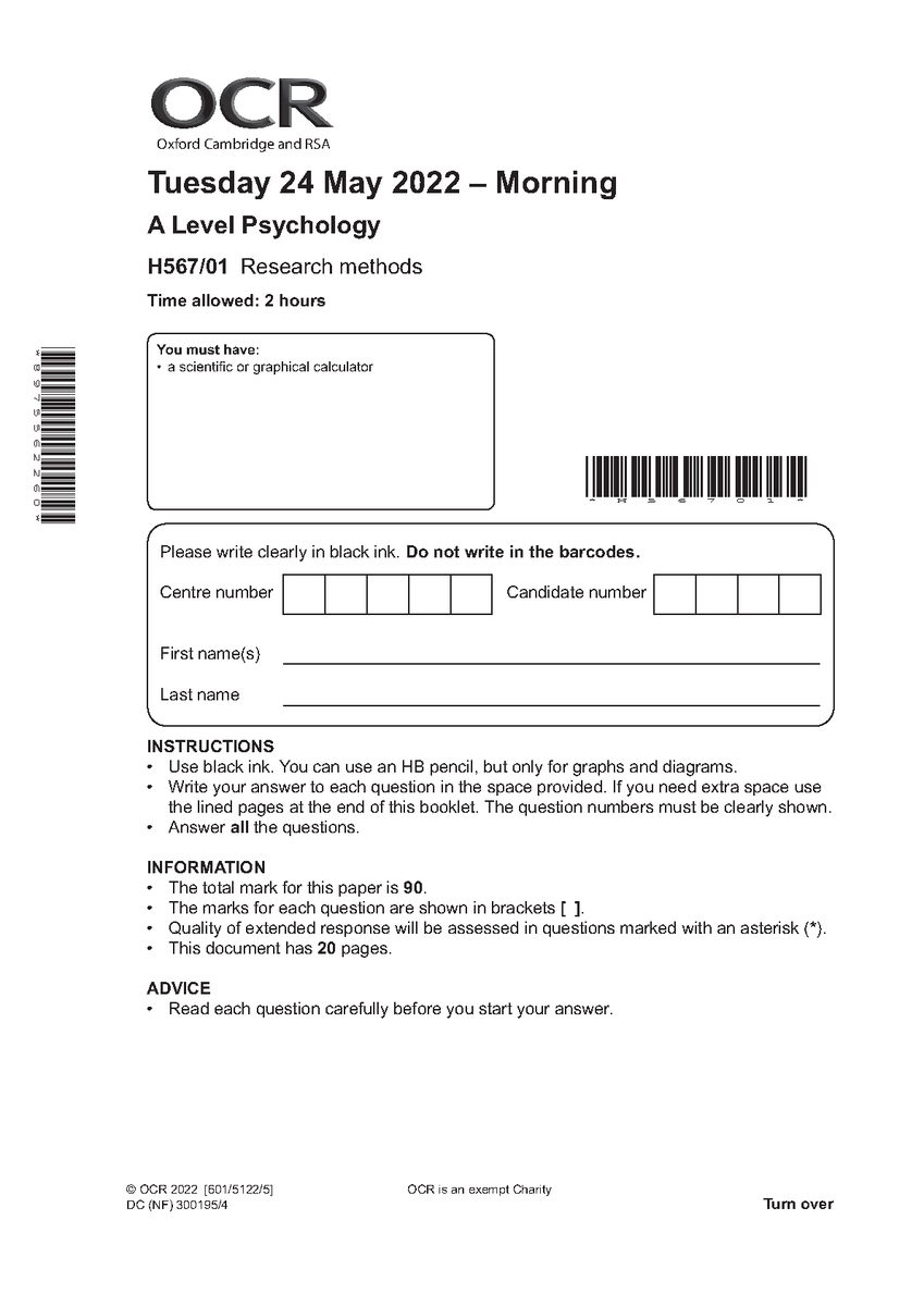 OCR A LEVEL PSYCHOLOGY PAPER 1 MAY 2022 QUESTION PAPER (H567/01: Research methods)
hackedexams.com/item/502/ocr-a…
#OCR #ALEVEL #PSYCHOLOGYPAPER1 #QUESTIONPAPER #H56701 #Researchmethods #hackedexams