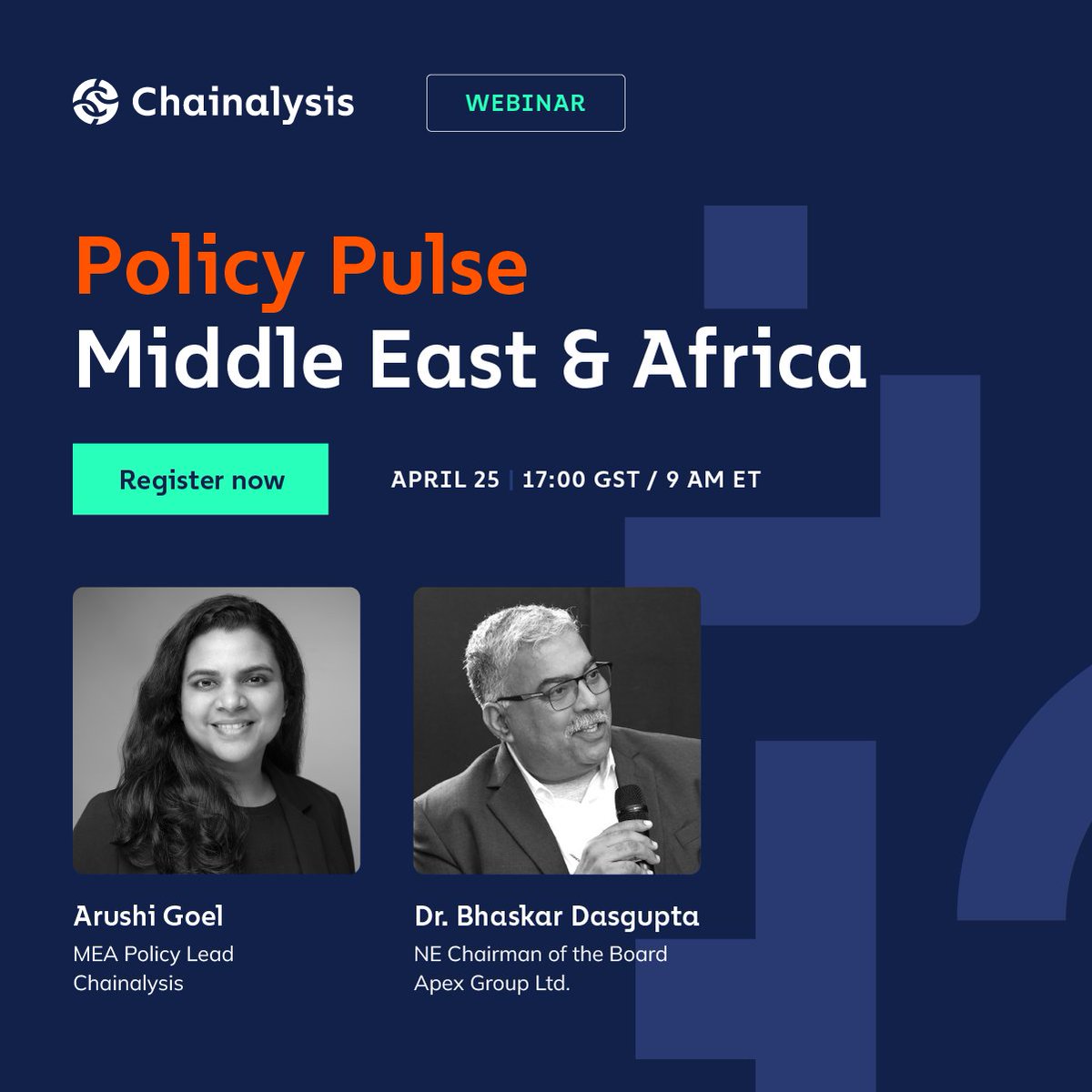 Join our MEA Policy Lead Arushi Goel, in conversation with Dr. Bhaskar Dasgupta of Apex Group Ltd, for Policy Pulse, a virtual live event series featuring updates and perspectives on hot topics in policy and regulation. Register: go.chainalysis.com/policy-pulse-w…