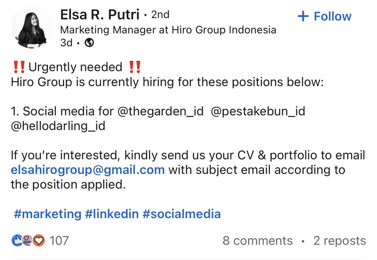 Lowongan Kerja di Hiro Group
Social Media 

#loker #lowongankerja #lokersosmed #lokerjakarta #lokerjabodetabek