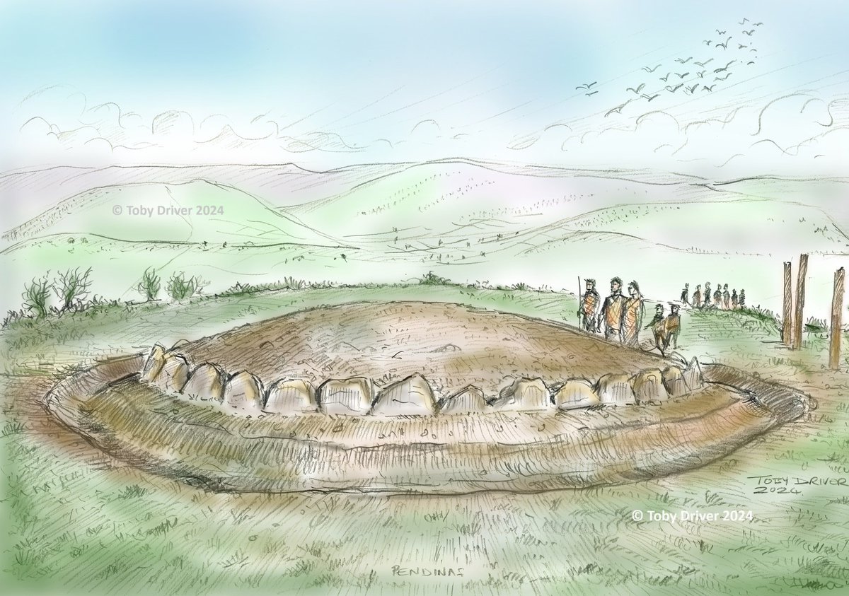 Toby_Driver1's tweet photo. #TombTuesday finished sketch reconstruction of the Early Bronze Age kerbed burial mound on Pendinas hillfort, #Aberystwyth, c. 2400 BC, just after it was built
The site is unexcavated, but we do have geophysics suggesting internal concentric structures
#DigPendinas https://t.co/aTPqpp3RuG