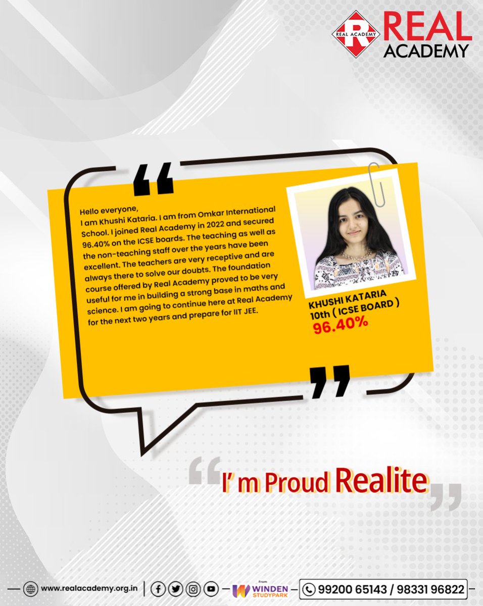 Real_Academy__'s tweet photo. 🎉🌟 Celebrating the Success of Khushi Katariya! 📚🚀

Join us in applauding Khushi Katariya for her remarkable achievement in the 10th ICSE Board exams, scoring an impressive 96.40%! 🏆✨

Join the Real Academy Today - https://t.co/GAnsHw3qLm

#RealAcademySuccess #RealAcademy https://t.co/MEFkGoydEI