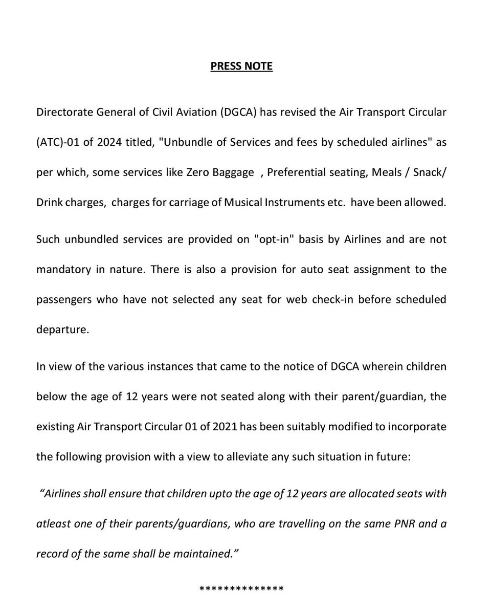 DGCA to airlines: Airlines should mandatorily seat children of up to 12 years age with at least one of their parents #aviation