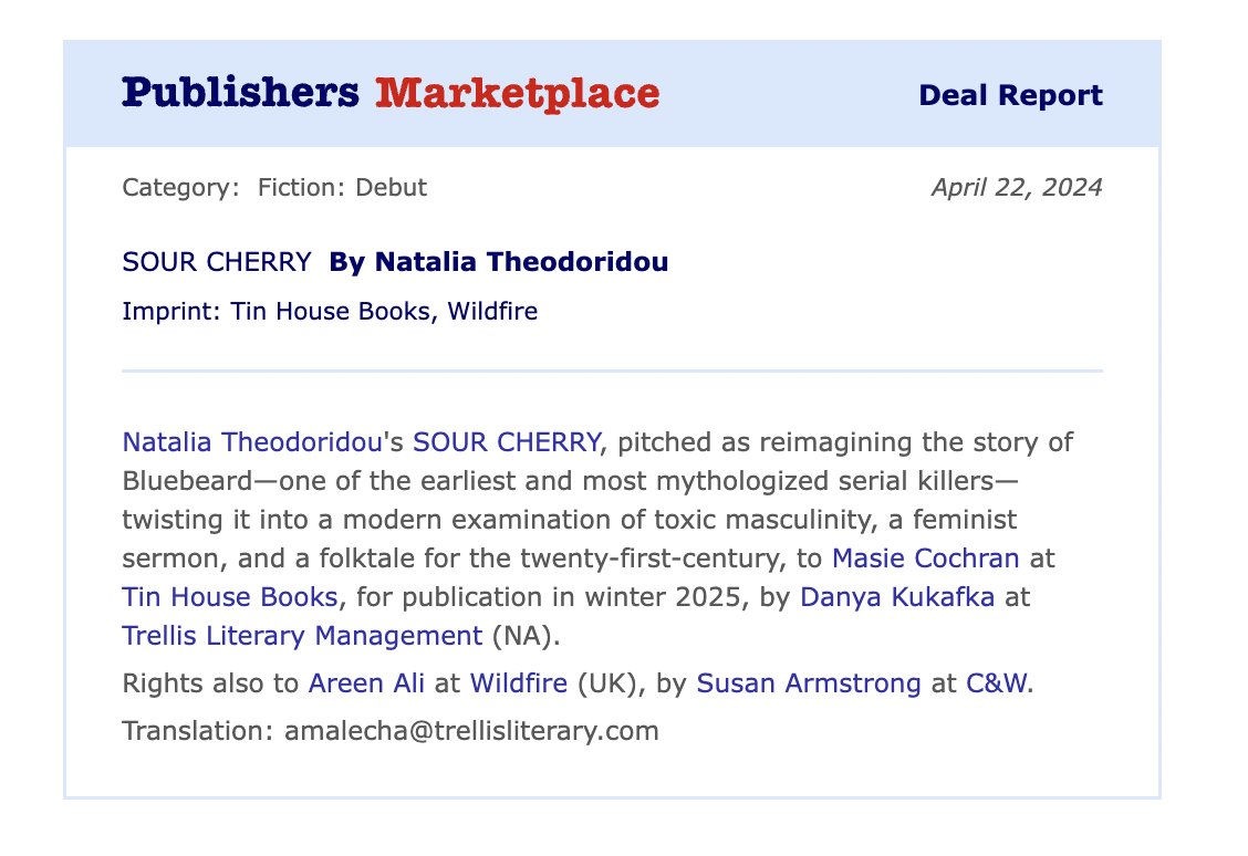 And the obligatory screenshot! Humbled to be working with Masie Cochran @Tin_House & @NotThatAreen @Wildfirebks. Grateful to my incredible team at @trellislit and @CWAgencyUK: @danyakukafka, @susanW1F, @aemalecha. Can't wait to share SOUR CHERRY with everyone in April 2025!