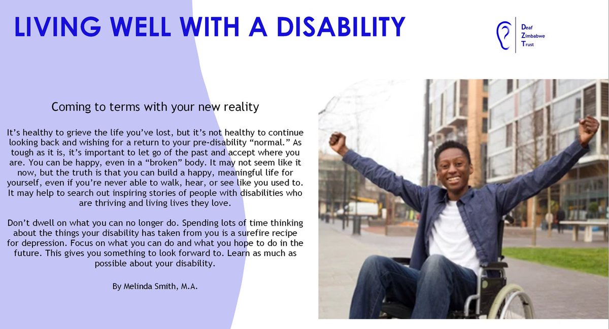 Accepting disability can be very difficult. Learn as much as possible about your disability. 
#disabilitymatters #disabilityawareness #disabilityinclusion 
@HopeResurrect
@OMpslsw 
@capitalkfm 
@molokele 
@nangozimbabwe 
@NkomwaTrust 
@ParliamentZim 
@shecorresponds