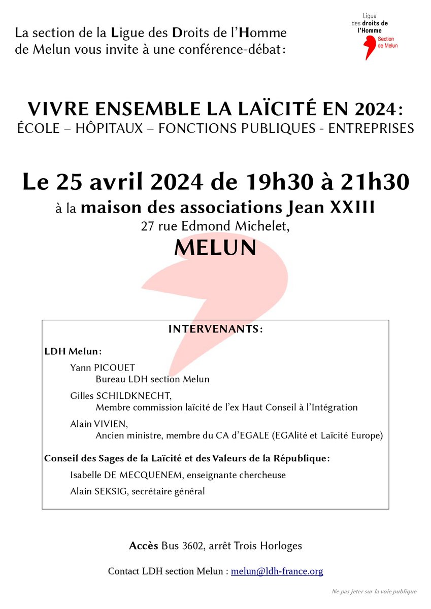 La section melunaise de <a href="/LDH_Fr/">LDH France</a> organise une conférence publique sur la #laïcité : "VIVRE ENSEMBLE LA LAÏCITÉ EN 2024". RDV à #Melun le jeudi 25/04/24 à 19h30 maison des associations 27 rue Michelet ! #République #fraternité