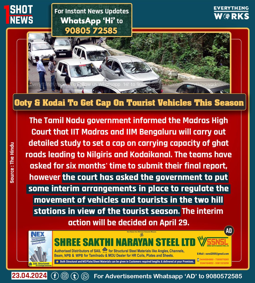 The Tamil Nadu government informed the Madras High Court that IIT Madras and IIM Bengaluru will carry out detailed study to set a cap on carrying capacity of ghat roads leading to Nilgiris and Kodaikanal. The teams have asked for six months' time to submit their final report,