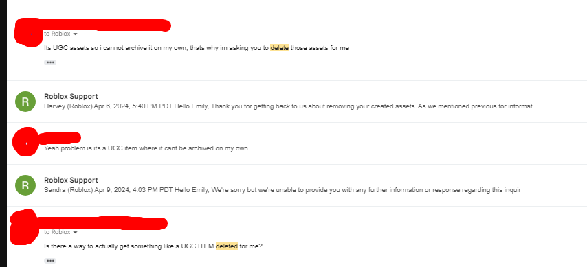 The DSA reporting system is getting OUT OF HAND. i got a 3 day ban a few weeks ago and originally i did send out an email to roblox requesting my blood items remaining to get deleted  and you know what they did? they just went "oh just go on the devhub to learn how"
YOU CANNOT