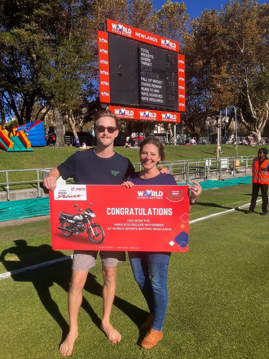 Well done to Wian Verwoerd, the second winner of one of our Hero Eco Deluxe bikes worth R17 999 that we gave away every week at World Sports Betting Newlands. 🎉👏🥳🏏 #WPcricket #westernprovince #BoysInBlue💙#WSBWP🧡 #WSBNewlands #T20Challenge #WozaNawe #HeroSouthAfrica