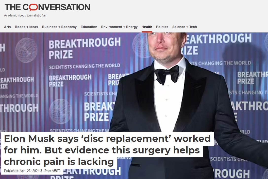 Elon Musk says ‘disc replacement’ worked for him. But evidence this surgery helps #chronicpain is lacking. theconversation.com/elon-musk-says… New @ConversationEDU article on disc replacement harms vs benefits + alternatives. @giovanni_ef @DrChristineLin @CGMMaher @DrIanHarris @zadro_josh