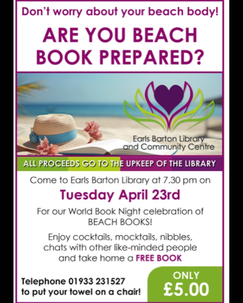 There's a little bit of sunshine, so summer must be on the way! It's not too late to join our event this evening. Are you beach book prepared??? 

🏖🌴🍹📚🌞

Happy World Book Night! Come and celebrate with us!

#EBLibraryCC #northantslibraries #WorldbookNight
