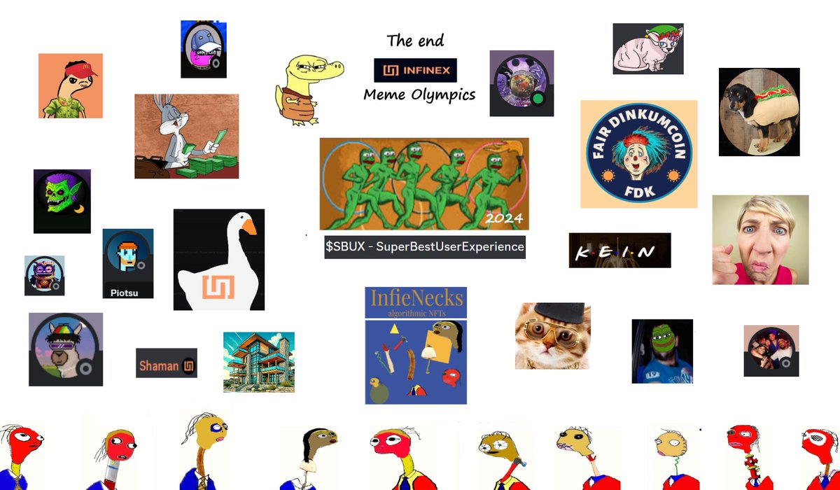 26 tokens created by <a href="/infinex_app/">Infinex</a> community.

10 days of degen trading  $BUX

Plenty of laughs and drama between team members spreading Fud on each other battling for that extra $BUX.

A unique nft collection created for meme olympics competition sold out!

#infinex