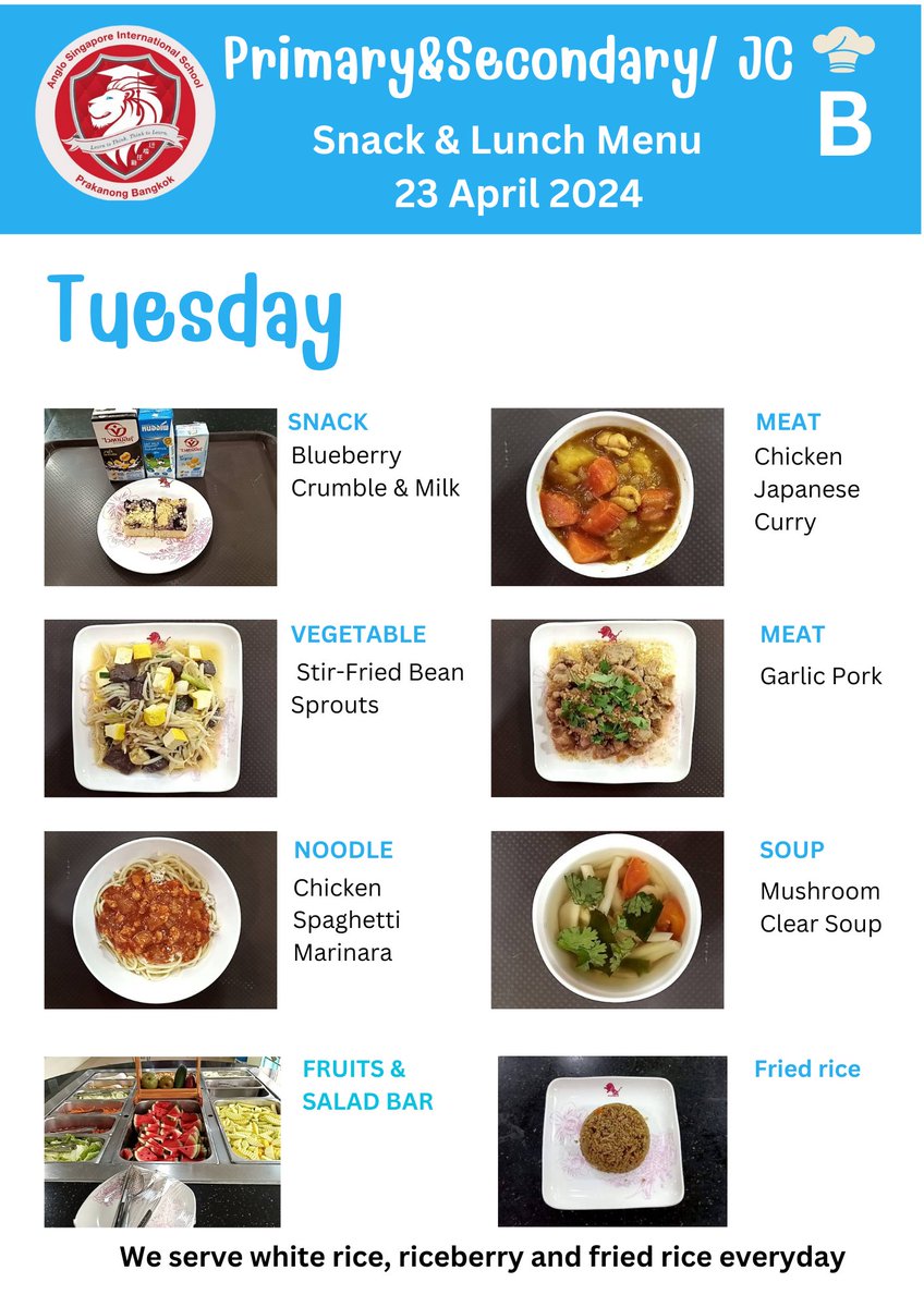 Dear Primary, Secondary & JC Parents! Canteen Menu for April 23, 2024.