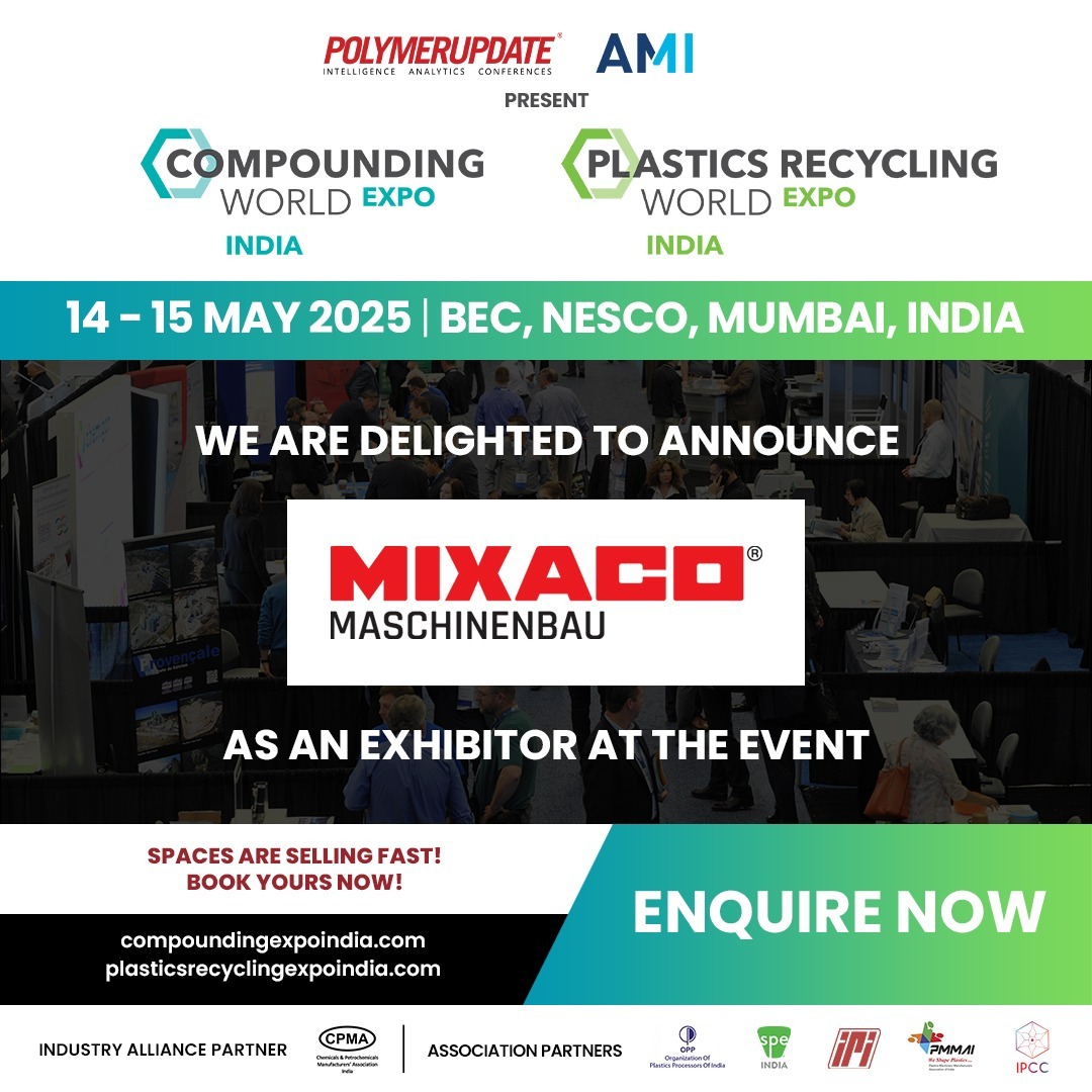 Excited to announce Mixaco Maschinenbau from Germany at The Compounding World Expo India alongside the co-located Plastics Recycling World Expo India. Join us on May 14-15, 2025, at BEC, NESCO, Mumbai, to explore the future of Plastics recycling and compounding at this