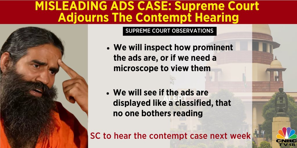 Supreme Court adjourns the contempt hearing in misleading advertisements case We will inspect how prominent the ads are, or if we need a microscope to view them, observe SC Here's more #SupremeCourtOfIndia #MisleadingAdvertisementsCase #Patanjali