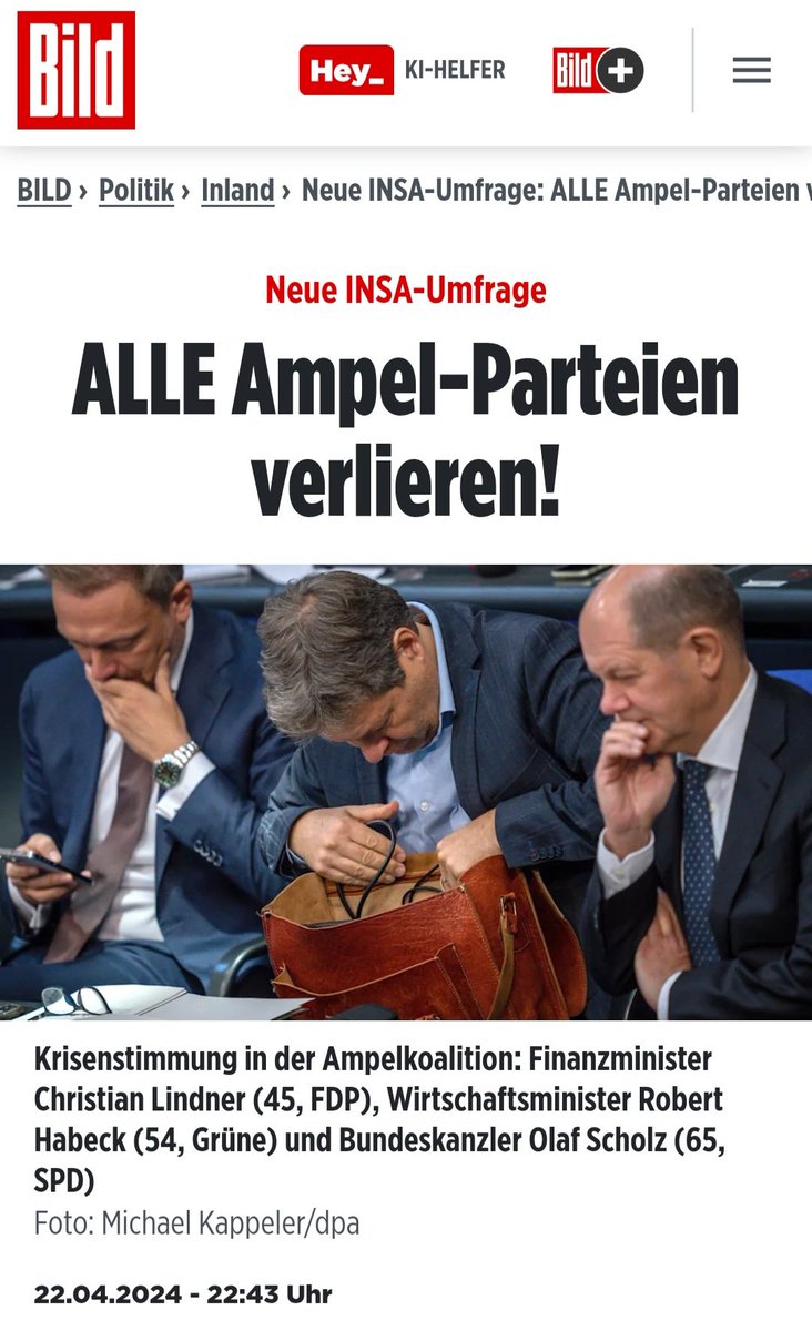 Die Kanzlerpartei #SPD (15%) und Koalitionspartner #FDP (5%) verlieren jeweils einen Prozentpunkt. Grüne schmieren um einen halben Prozentpunkt ab und kommen nur noch auf 12,5% – trotz Dauer-Auftritten von Baerbock im Nahen Osten.