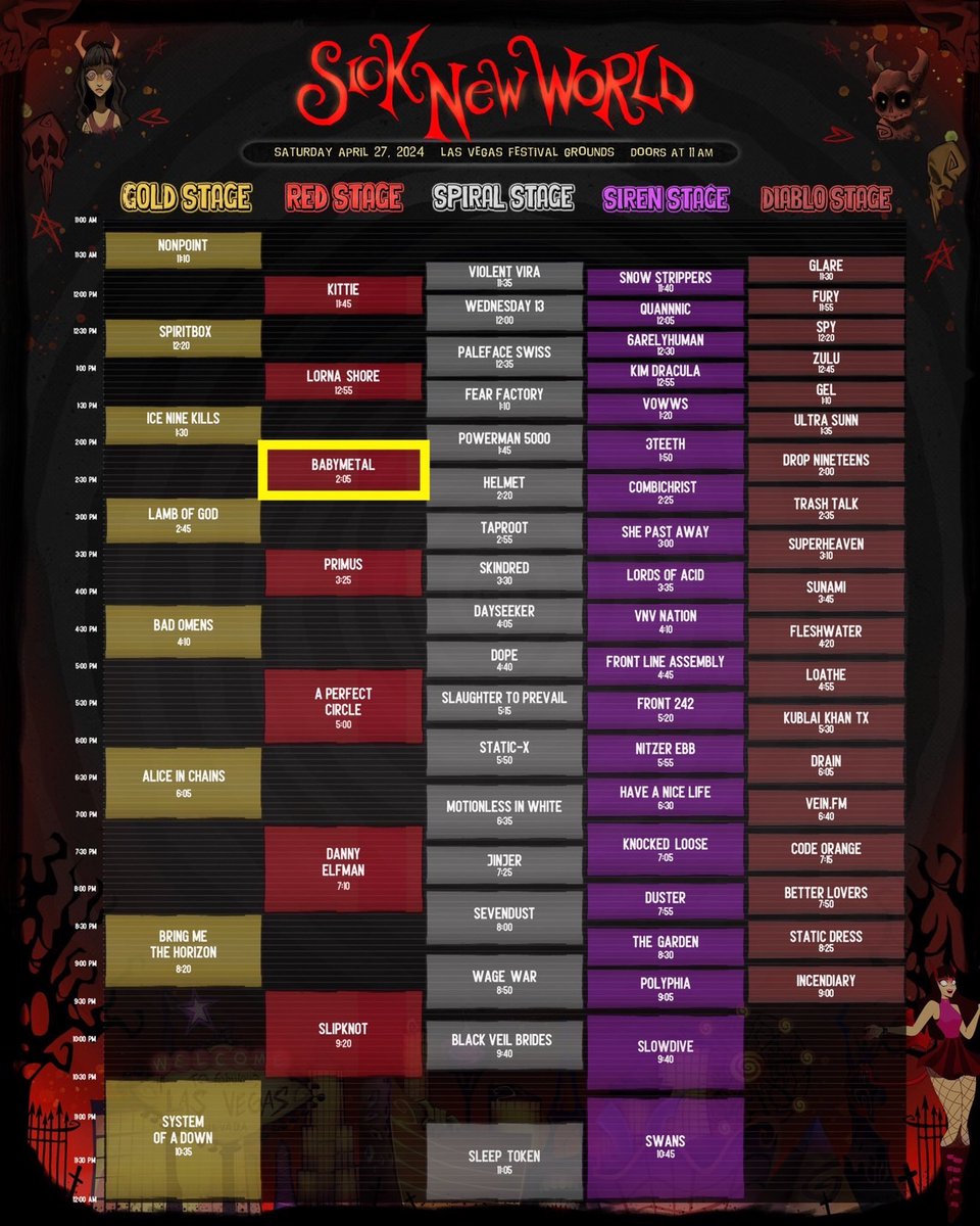 BABYMETAL_JAPAN's tweet photo. Sick New World, BABYMETAL will perform at RED STAGE from 2:05pm!!⚡️
🔥Are you ready to headbang!?🔥
#BABYMETAL @snwfest https://t.co/Od8I4C4qka