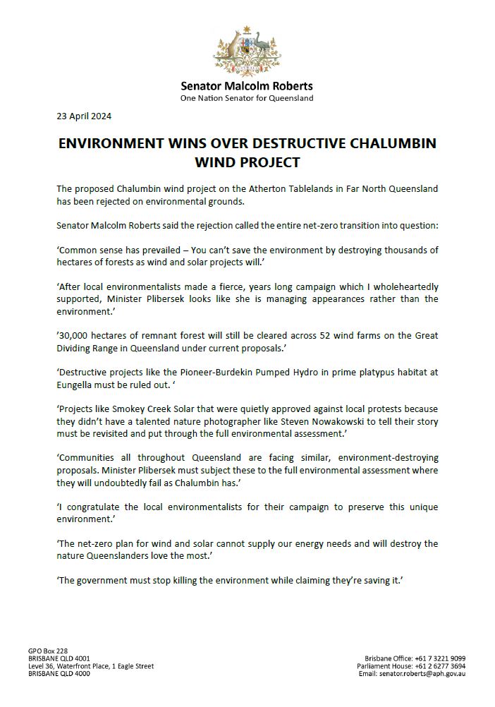 Media Release: Environment Wins Over Destructive Chalumbin Wind Project 🍾 The proposed Chalumbin wind project on the Atherton Tablelands in Far North Queensland has been rejected on environmental grounds. This rejection calls the entire net-zero transition and other projects