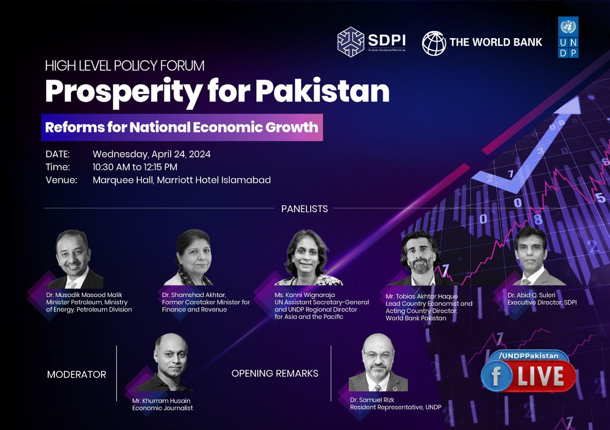 🌟 Excited to announce our upcoming High-Level Policy Forum! 🇵🇰 Join us as we discuss 'Prosperity for Pakistan: Reforms for National Economic Growth'. 📈 🚀 📅 Wednesday, 24th April, 2024 ⏰ 10:30am-12:15pm PKT 🔗 We will be live on our social media pages:🔽 Facebook:…