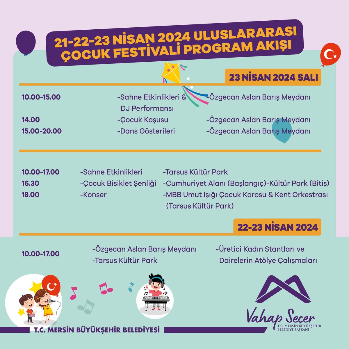 Uluslararası Mersin Çocuk Festivali 23 Nisan Salı programı.