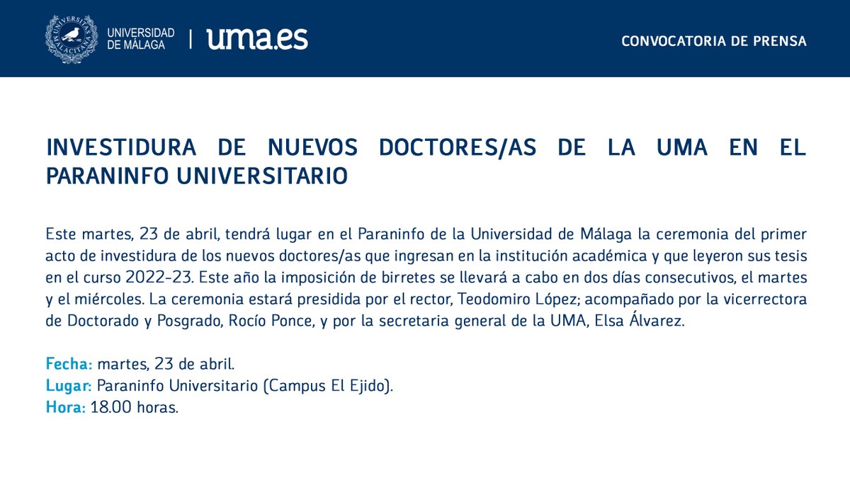 Hoy, a las 18.00h en el Paraninfo, primer acto de investidura de nuevos doctores/as🎓 de la Universidad de Málaga.

Recibirán su reconocimiento 123 egresados que leyeron sus tesis en el curso 2022-23.

🔴 Síguelo en directo en nuestro canal de YouTube: youtube.com/watch?v=G8q8s4…