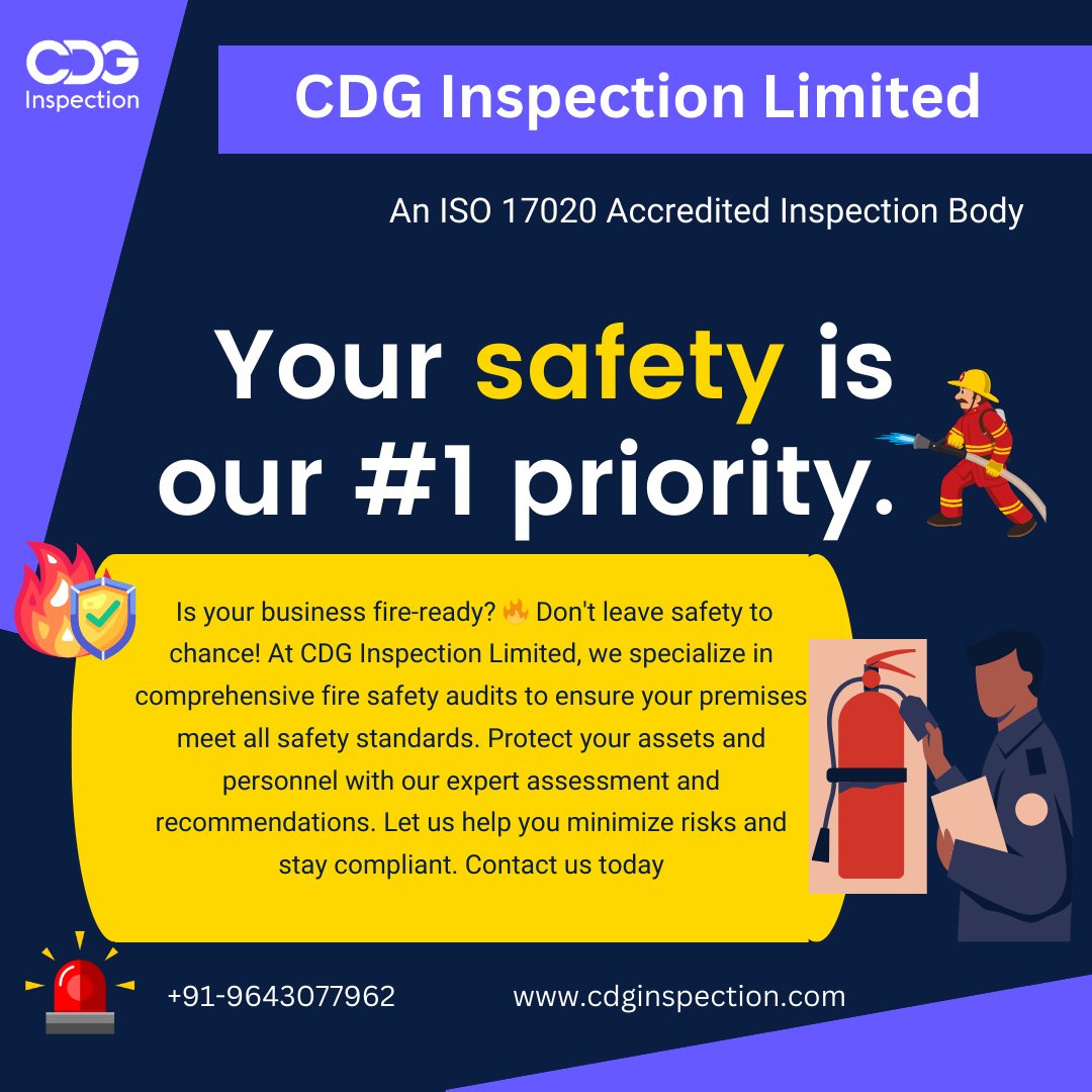 Ignite Your Safety Standards: Embrace Fire Safety Today! 🔥
From businesses to communities, everyone benefits from proactive fire safety measures. Protect what matters most with comprehensive fire safety solutions. Invest in safety. #CDGInspectionLimited #FireSafety #SafetyFirst