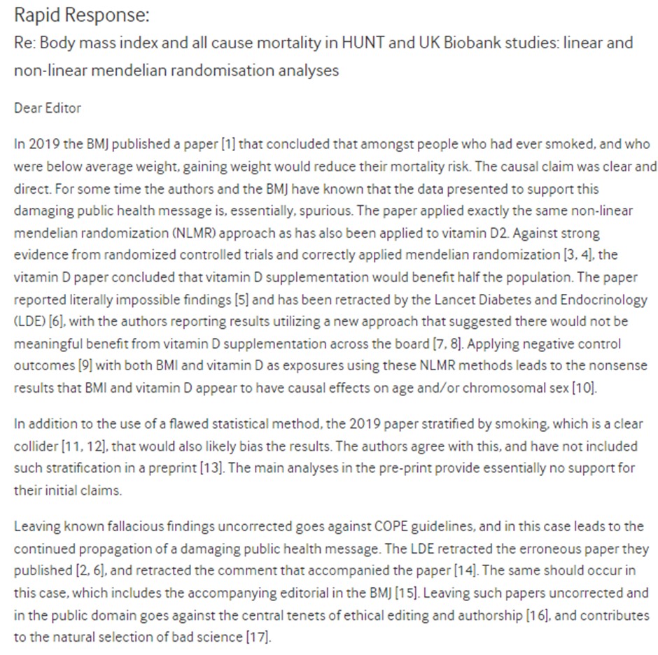 1/n In 2019 @BMJ_latest published a non-linear Mendelian randomization (NLMR) paper with the conclusion that gaining weight would reduce mortality risk in many people. The NLMR method produces spurious findings bmj.com/content/364/bm… MR's credibility calamity in this 🧵