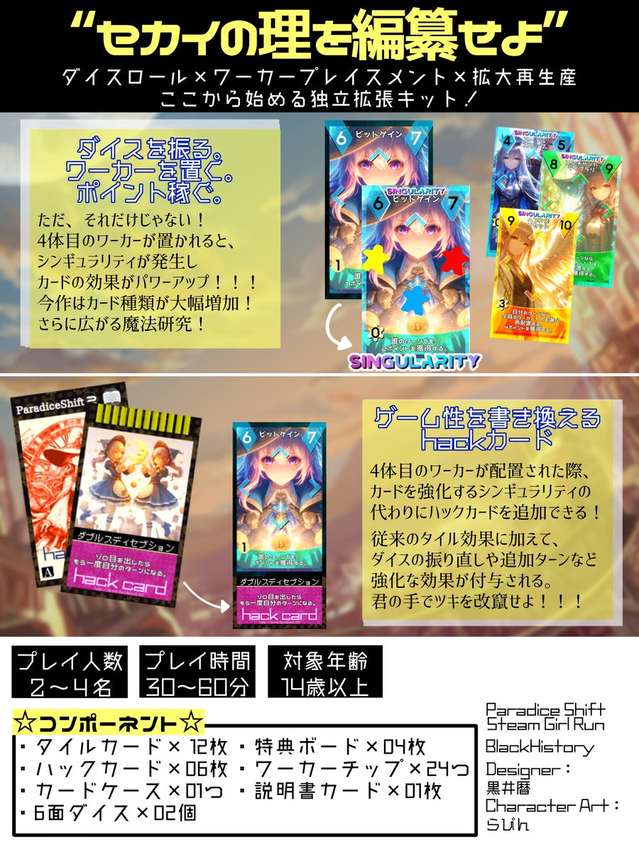 blackhistory_jp's tweet photo. @misame09_iL 自薦失礼します🎲📈

＃ゲムマ2024春
魔法研究で荒稼ぎするマネーゲーム【＃ParadiceShift】です🧙🪄

ダイスによって刻一刻と変化する情勢を読みつつ、ヒトとカネを投資する楽しさが味わえます。
遊びやすくなった独立拡張こと ＃SteamGirlRun がオススメです！

▼予約Forms
https://t.co/QwzoNhWDze https://t.co/KsznBzS0aP
