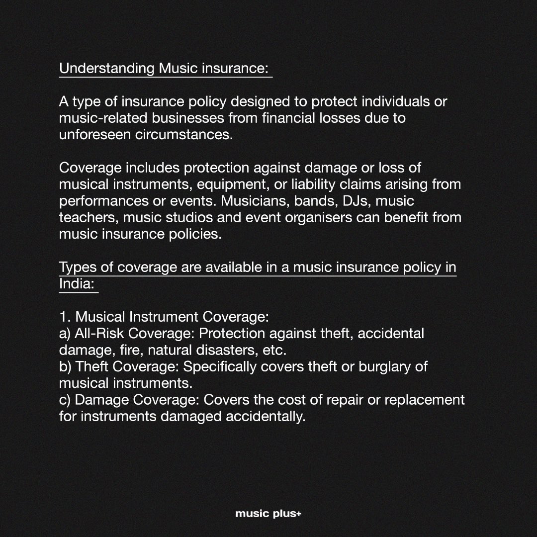 musicplusindia's tweet photo. Swipe to learn about music insurance policies and how to choose the right one through our quick guide!🎸🎙️📑🎵
Investing in #musicinsurance offers vital financial protection for your equipment &amp; liability, enabling musicians to concentrate on their performances. (1/2)

#musicgigs https://t.co/sT07OykwaA