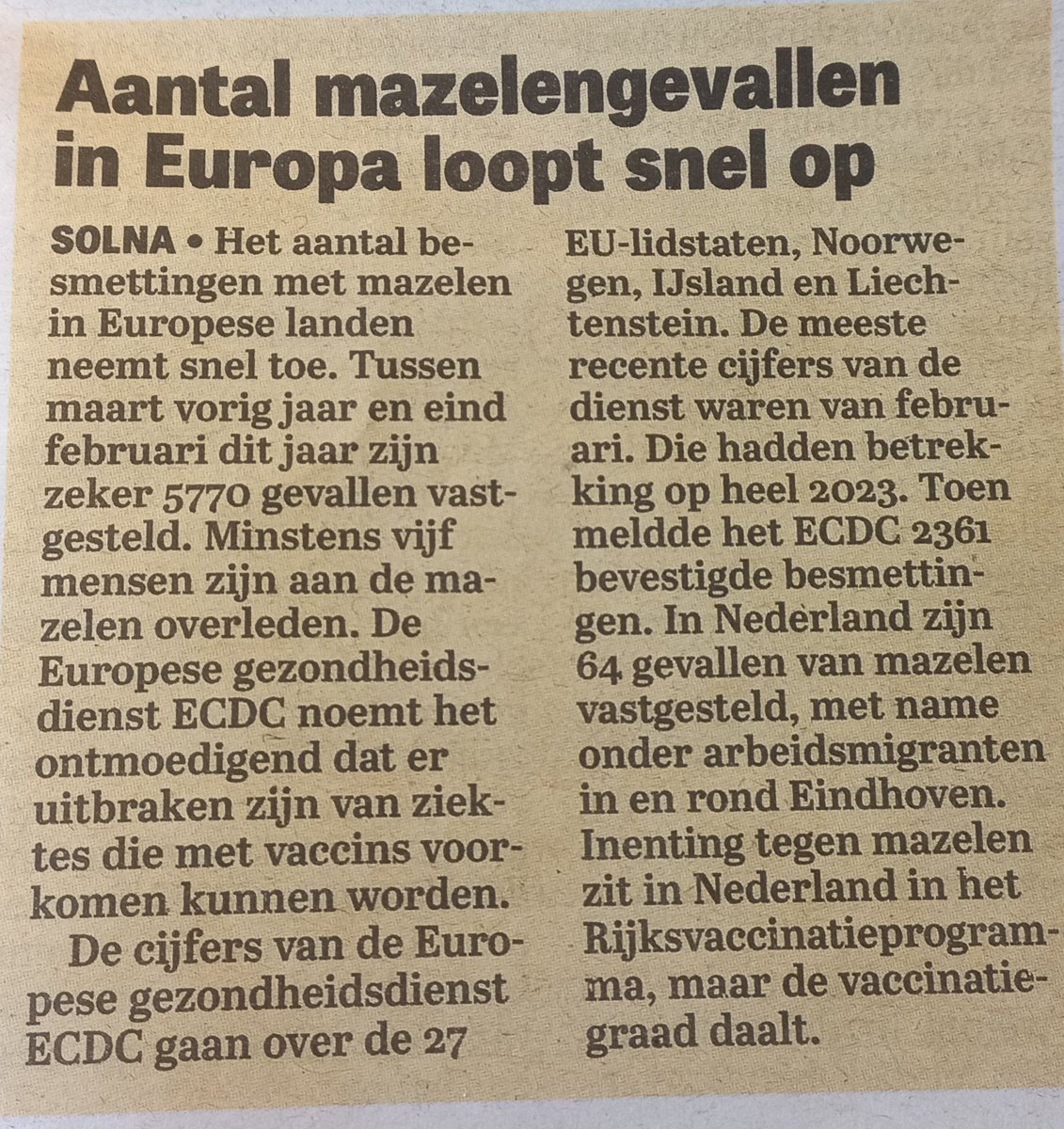 Goedemorgen De verwarming is weer aangeslagen, het is fris. NL maakt zich zorgen over de #mazelen die oprukt: wel 67 gevallen in 2023, vnl onder arbeidsmigranten rondom Eindhoven Dalende vaccinatiegraad 🤔 Kan het zijn dat de spoeling gewoon te dun wordt? Fijne dag