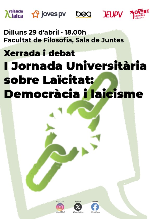 🙋🏿‍♀️ Dilluns 29/4 tindrà lloc la I JORNADA UNIVERSITÀRIA SOBRE LAÏCITAT a la @UV_EG Xarrarem i debatrem sobre 'Democràcia i laïcisme' a partir de les 18h ‼️Lloc: sala per confirmar😅 Seguirem informant!! #JornadaUVLaïcitat