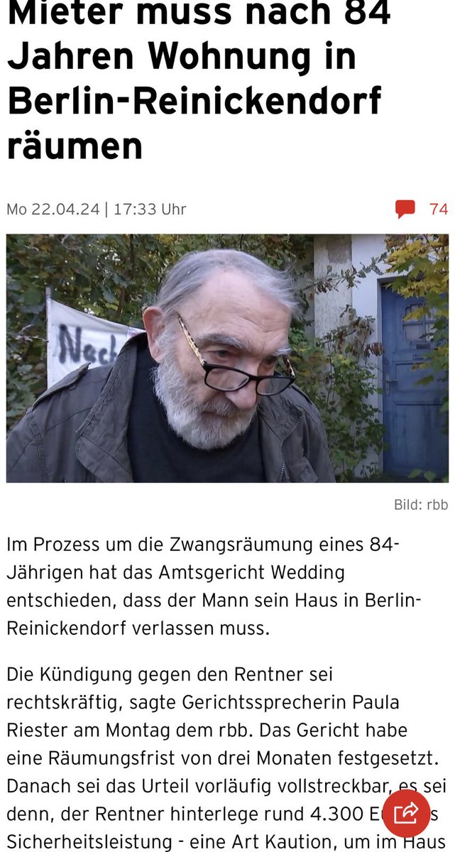 Herr Moslehner, 84, wird aus seinem Geburtshaus in Reinickendorf zwangsgeräumt. Oder er hinterlegt 4.300€, damit der Fall durch alle Instanzen gehen kann. Das kriegen wir ja wohl zusammen! Wir sammeln über sanktionsfrei.de/support mit dem Betreff 'Soli' und legen der unsäglichen