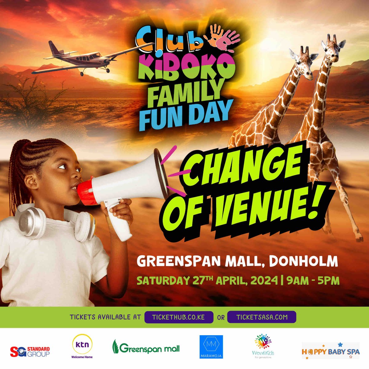 📢 Change of Venue Alert‼️🎉 Club Kiboko Family Fun Day is now happening at Greenspan Mall, Donholm. Join us for a day of adventure and excitement on Saturday, April 27th.

Don’t miss out on the fun 🦒 😁
grab your tickets now!👇
tickethub.co.ke/event/music-an…

 #ClubKibokoFamilyFunDay