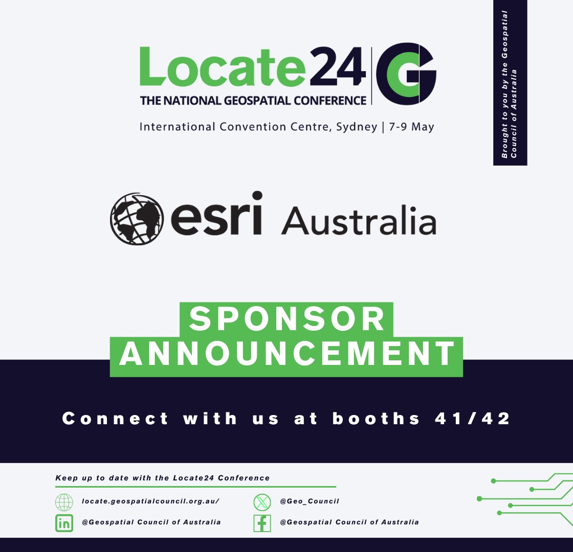 Geospatial Council of Australia (@geo_council) on Twitter photo We are pleased to welcome <a href="/esriaustralia/">Esri Australia</a> to the Locate24 Exhibition Hall.
Esri Australia is the nation's leading #GIS technology and services provider.
Visit Esri Australia at booths 41 & 42 at Locate24.
You can register here: bit.ly/3PvBB4P
#Locate24 #Geospatial We are pleased to welcome <a href="/esriaustralia/">Esri Australia</a> to the Locate24 Exhibition Hall.
Esri Australia is the nation's leading #GIS technology and services provider.
Visit Esri Australia at booths 41 & 42 at Locate24.
You can register here: bit.ly/3PvBB4P
#Locate24 #Geospatial