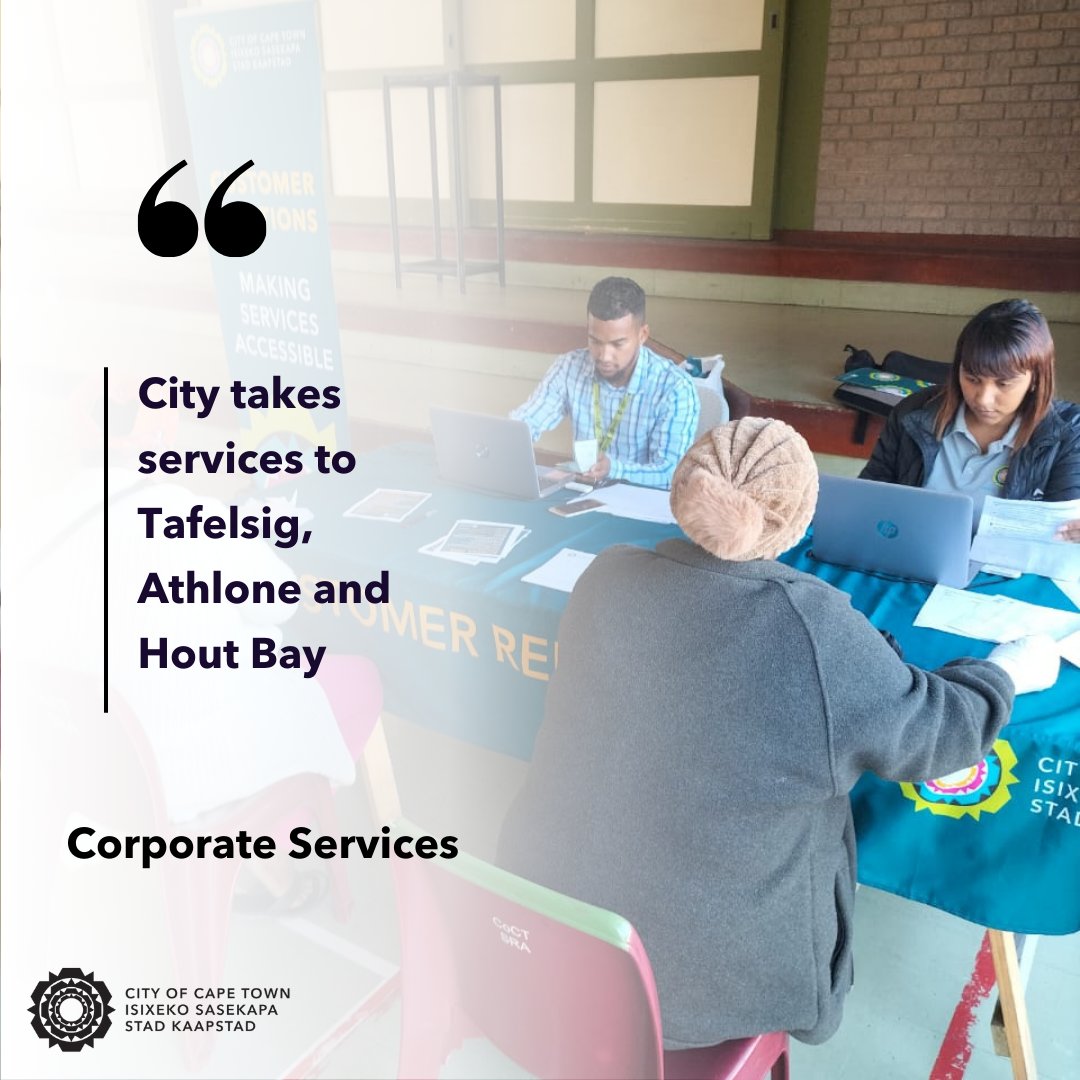 The City’s #CorporateServices Directorate is bringing its basket of services offering to the Thusong Centre in Tafesig on Wednesday 24 April 2024 and the City’s Mobile Office will visit Athlone and Hout Bay, Thursday and Friday respectively.

See: bit.ly/3w3P9OC

#CTNews