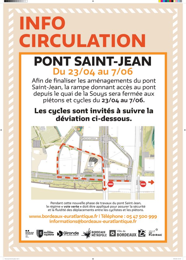 ⚠️Info Travaux - @BxEuratlantique 📌 @Bordeaux @BxMetro- #PontSaintJean 🗓️ Du mardi 23 avril au vendredi 7 juin 2024 - 20h/6h ⛔ Fermeture de la rampe 🚴‍♀️🚶‍♂️ #QuaidelaSouys => #PontSaintJean 🚧 Déviation = Deschamps - Osiers - Traversiers - Place Gournay 🌐bordeaux-euratlantique.fr/annuaires/trav…