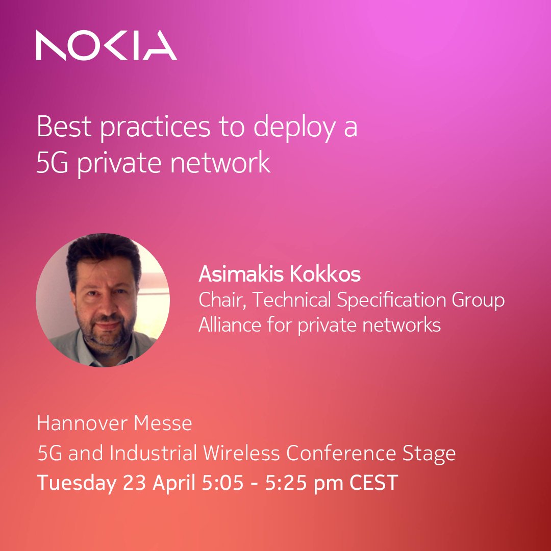 Learn the best practices to deploying a #5G #privatewireless network! 

Join Asimakis Kokkos today at @hannover_messe: nokia.ly/3Wav5VA