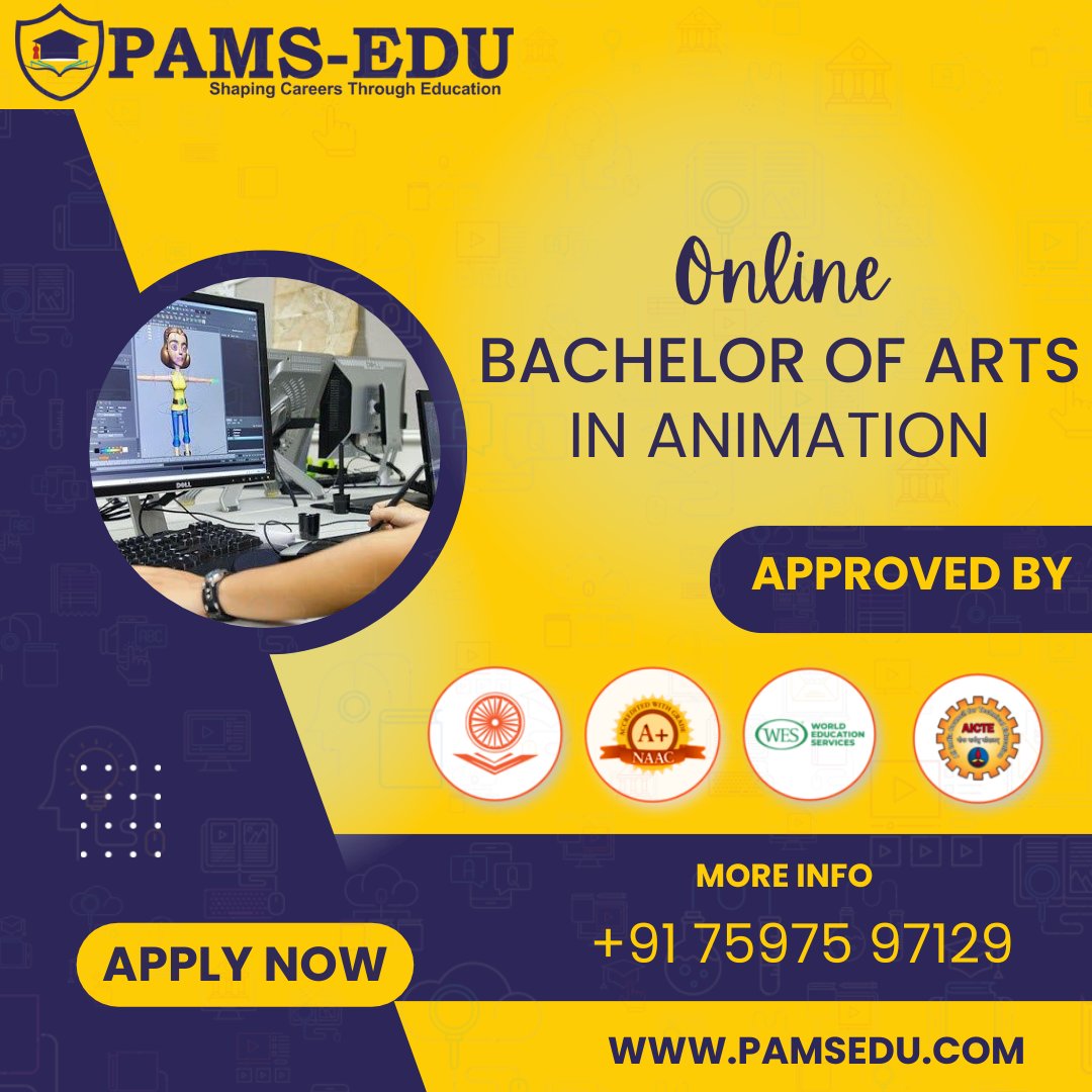 What is the scope of BA animation?

Some of the BA Animation job lists include Flash Animator, Art Director, BG Modeler, 3D Animator, Comic Supervisor, @pamsedu #pams #pamsedu #distancelearning #education #college #university #animation #graduation #onlineexam