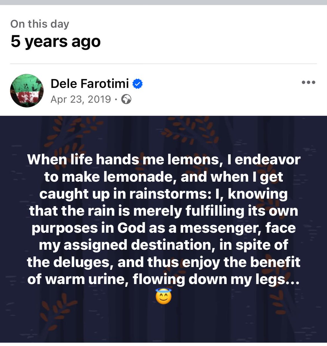 When life hands me lemons, I endeavor to make lemonade, and when I get caught up in rainstorms: I, knowing that the rain is merely fulfilling its own purposes in God as a messenger, face my assigned destination, in spite of the deluges..