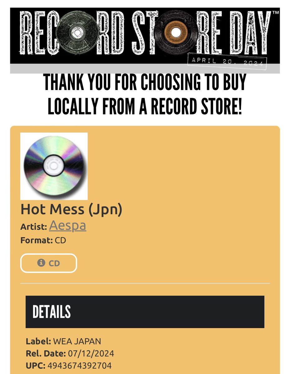 240423 A listing for a Japanese aespa album titled “Hot Mess” is available on Record Store Day’s Website. The label is WEA Japan (Sub Label of Warner Music Japan) with the album’s expected release date being July 12th! 

Please take with a grain of salt and let’s wait for further