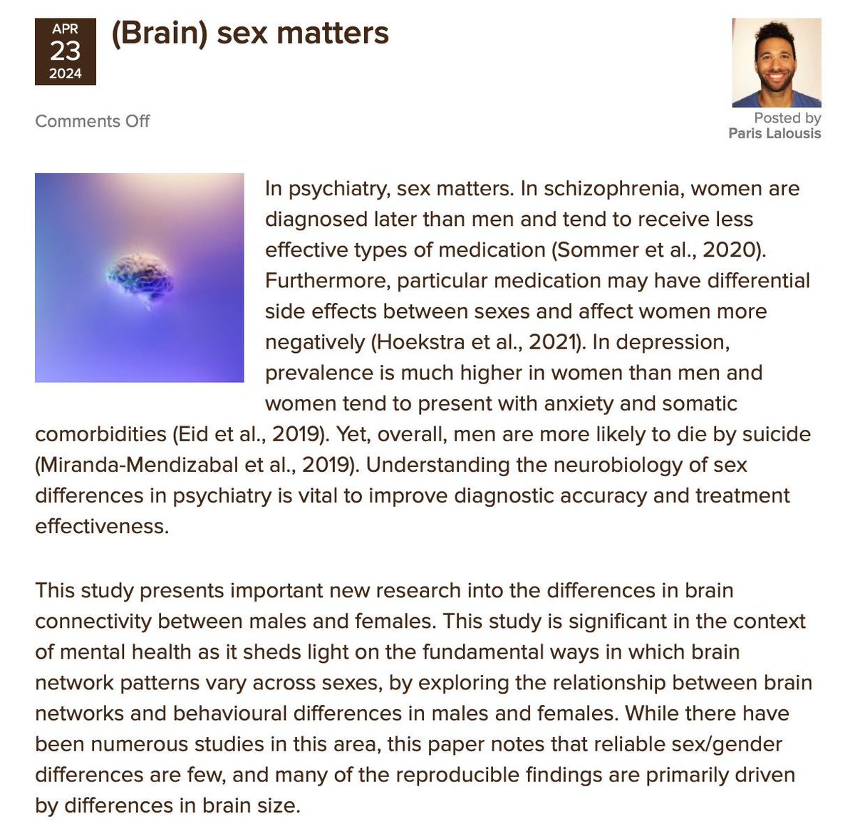 Today @P_Lalousis discusses new research published in @BiologicalPsyc1 on brain-based sex differences in psychiatric illnesses. #AdolescentBrainCognitiveDevelopmentStudy #BiologicalPsychiatry #BrainConnectivity #BrainNetworks #SexDifferences nationalelfservice.net/?p=187528