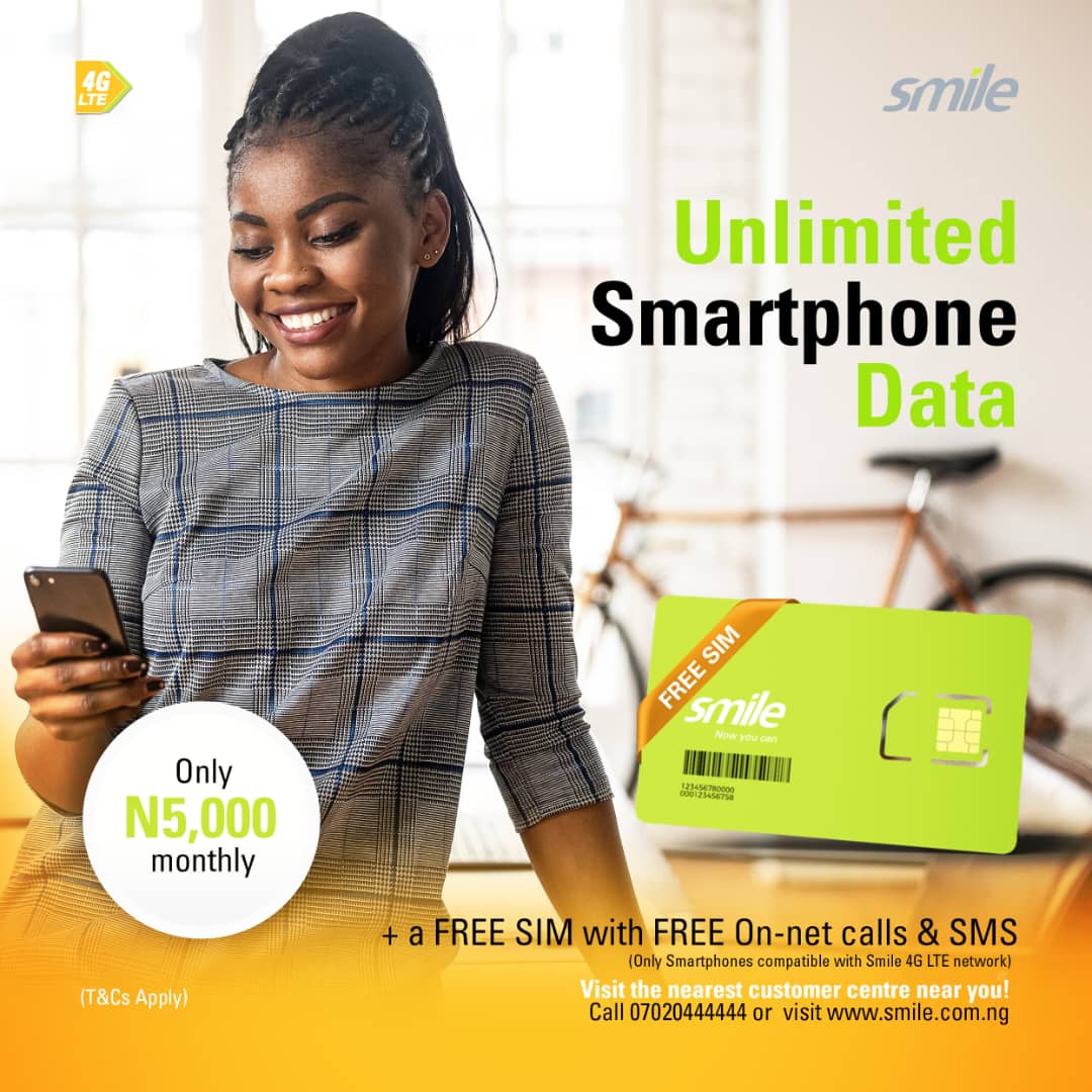 Get Unlimited Smartphone Data plus FREE On-net Voice and SMS for only N5000 monthly. Visit a Smile Customer Center today to get yours. Click bit.ly/440LQmw to locate the nearest center. Smile #FREE #unlimited #instagram #data #facebook #youtube #twitter